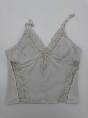 White Ribbed Lace Trim Cami Crop Top XL Coquette Y2K Boho Soft Girl Layer